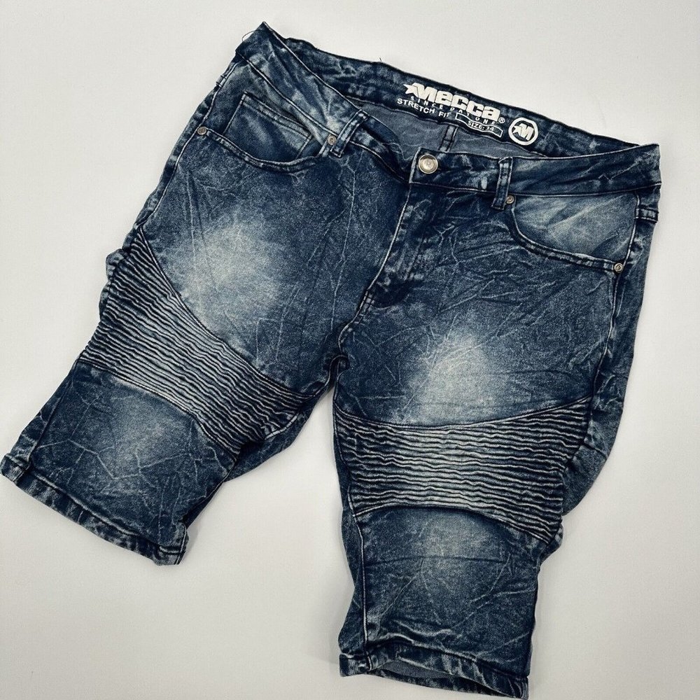 Mecca Men's Blue Denim Jean Acid Wash Ribbed Shorts Size 34‎